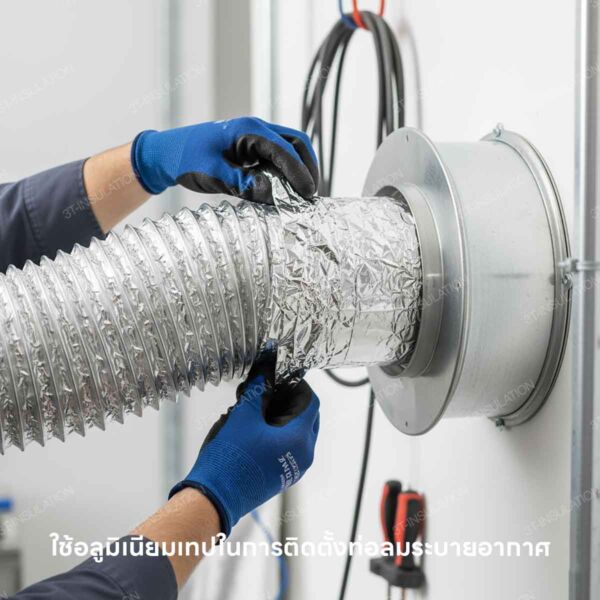 การใช้เทปฟอยล์เชื่อมท่อลมระบายอากาศกับพัดลมระบายอากาศ