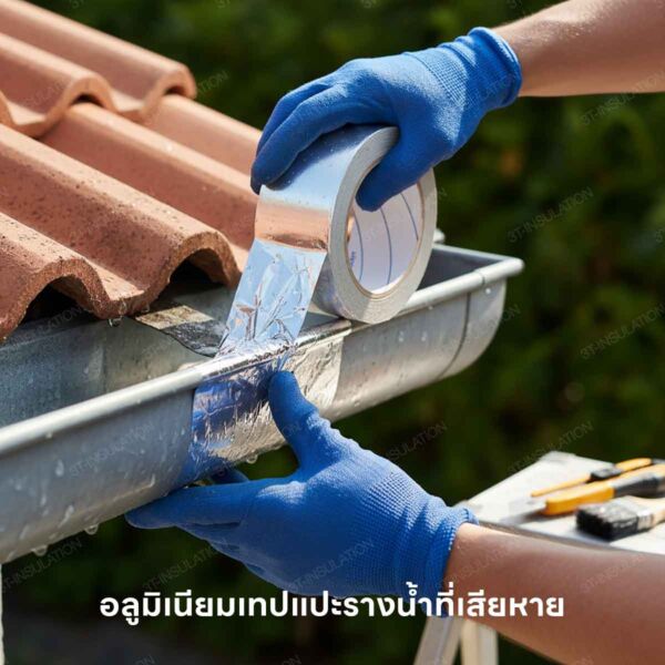 การใช้อลูมิเนียมเทป กับรางน้ำฝนเพื่อซ่อมจุดที่รั่ว
