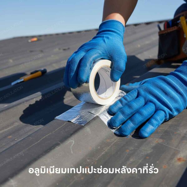 การใช้เทปฟอยล์กันความร้อน ติดหลังคาที่รั่วเพื่อป้องกันน้ำหยด